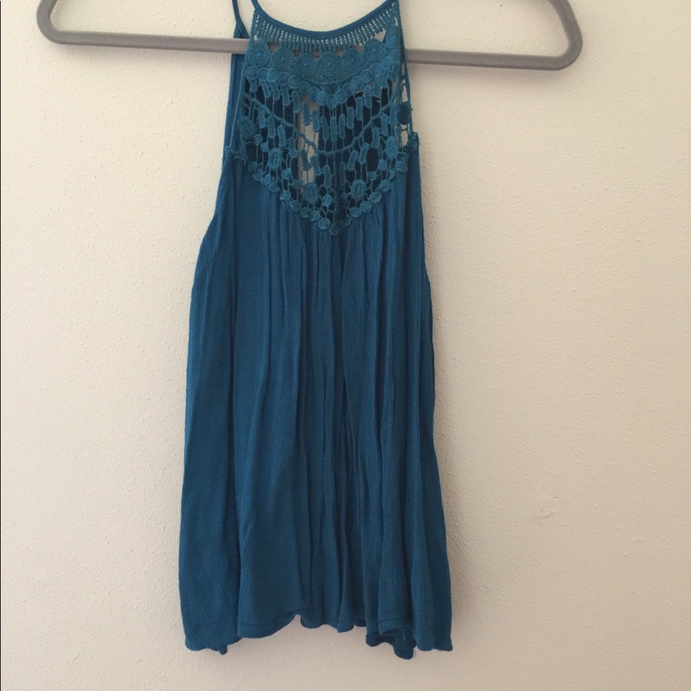 Turquoise tank with crochet detail
